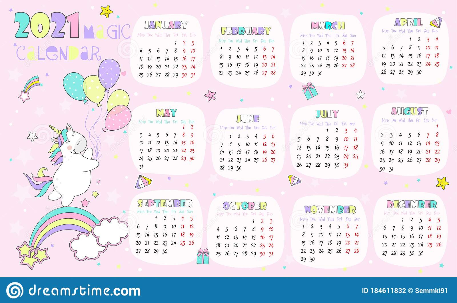 Vector Illustration Child Calendar For 2021 With Cute