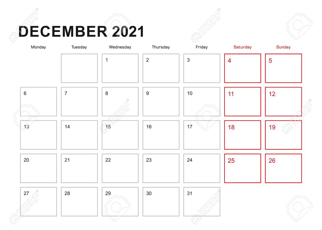 Wall Planner For December 2021 In English Language Week Starts..