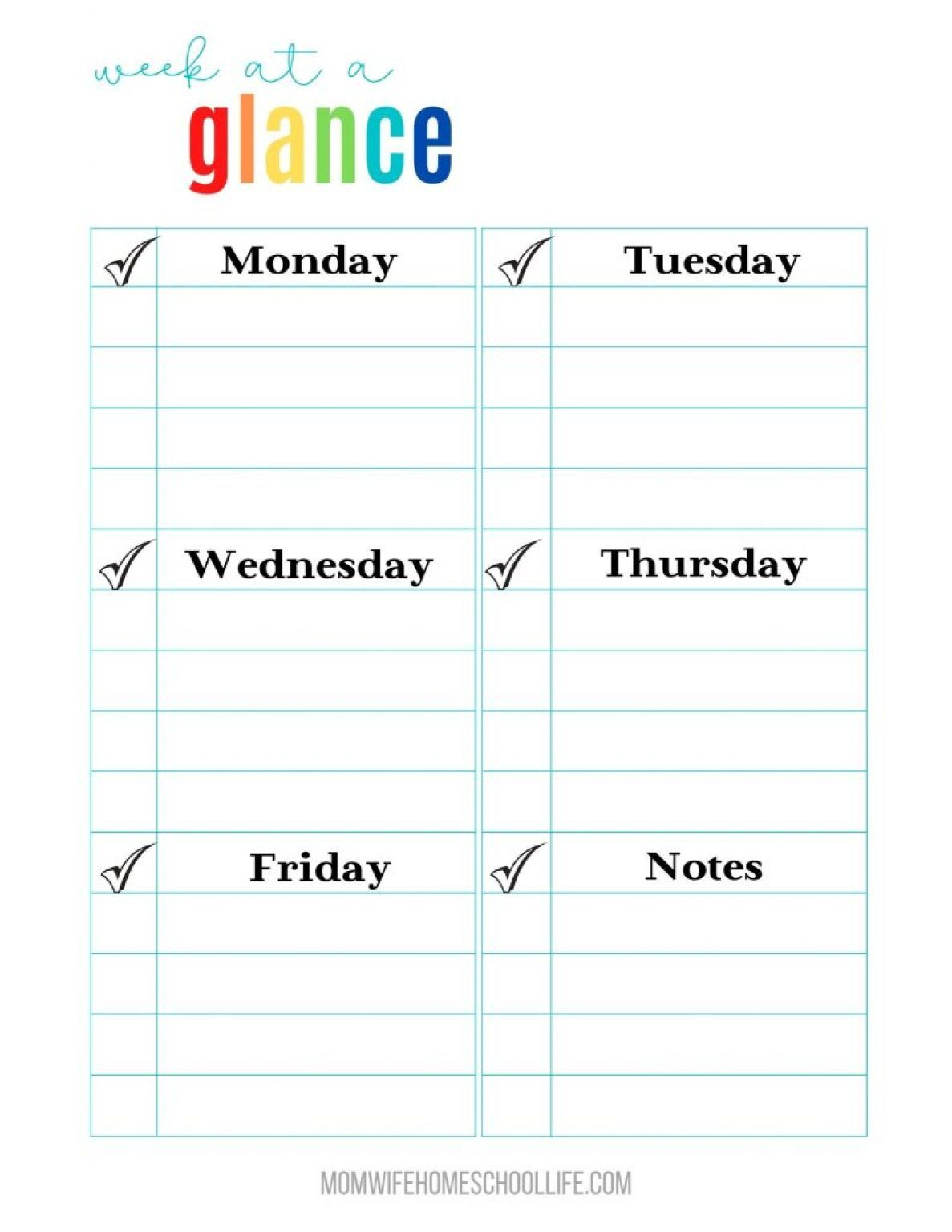 Week At A Glance Homeschool Planning Printables: Free 5 In