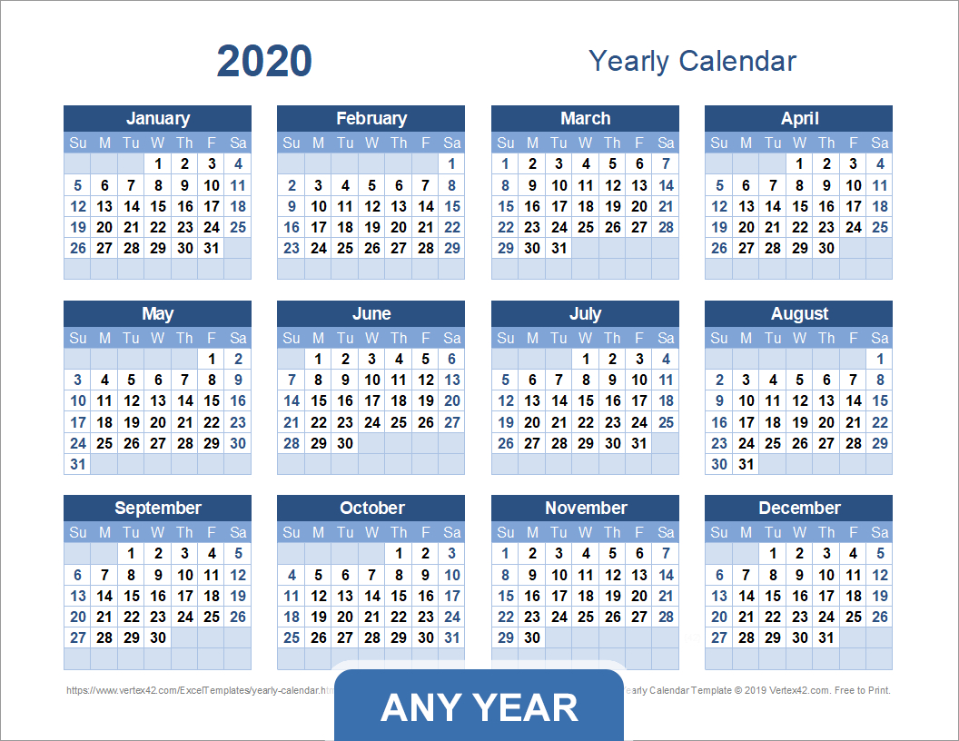 full year calendar designed for printing on one page calendar