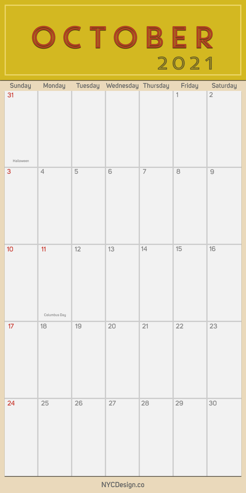 2021 October - Monthly Calendar With Holidays Printable