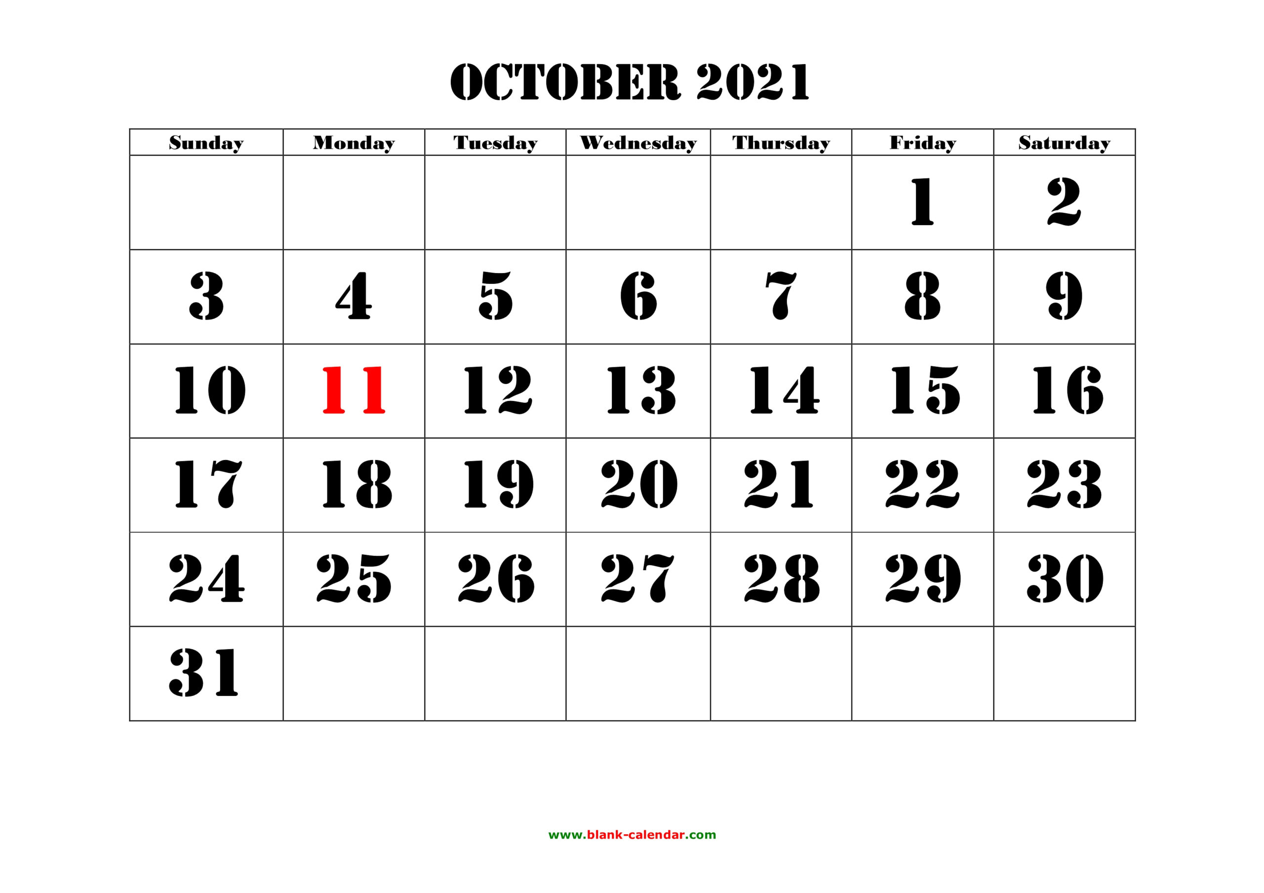 Calendar October 2021 Google Docs | Printable March