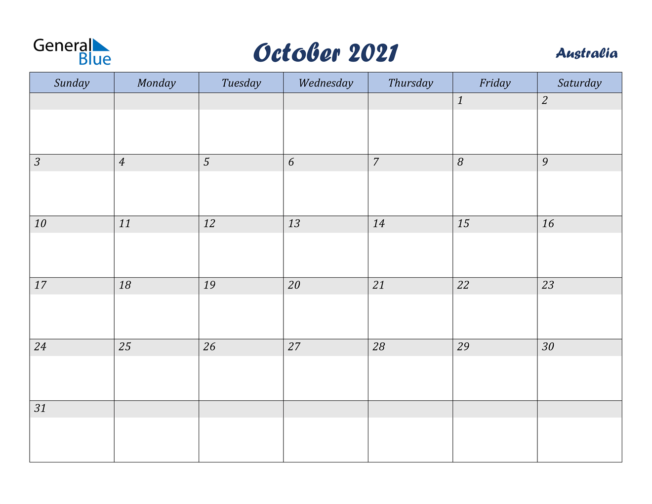 October 2021 Calendar - Australia