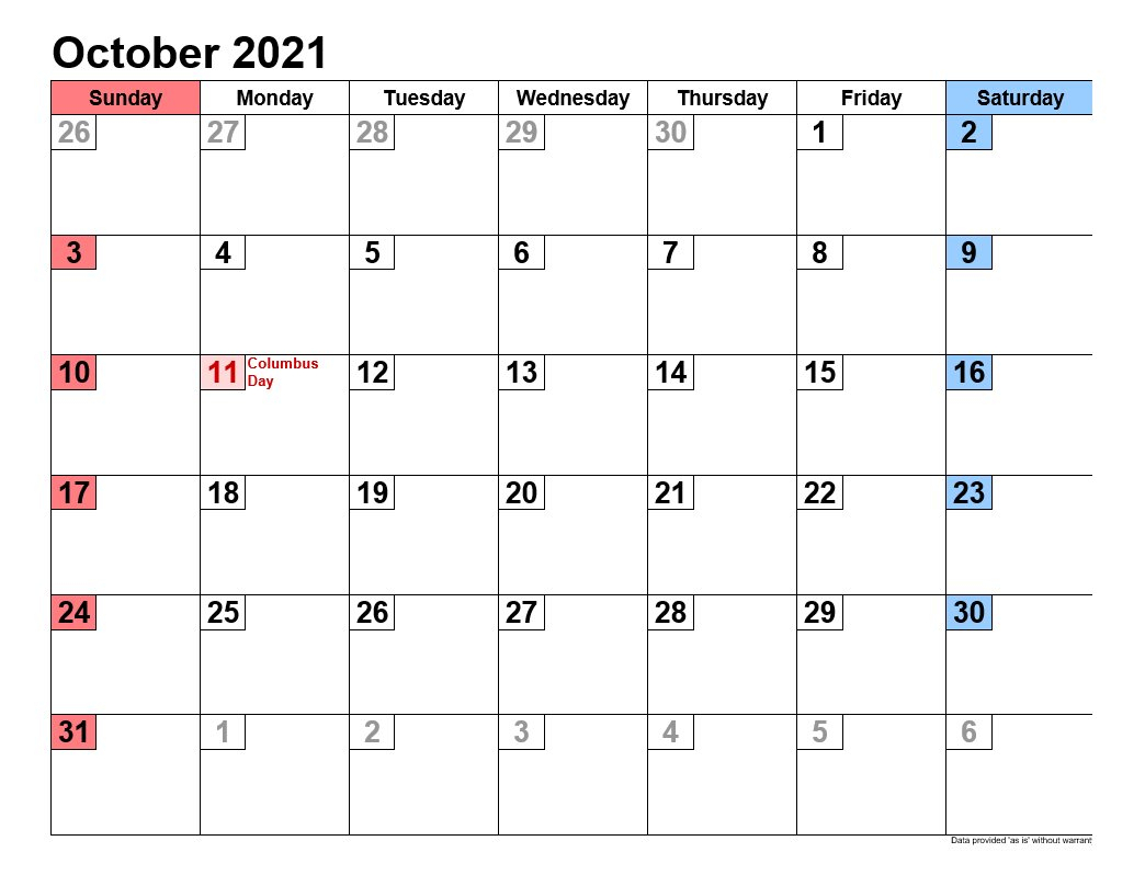 Printable Monthly Calendar October 2021