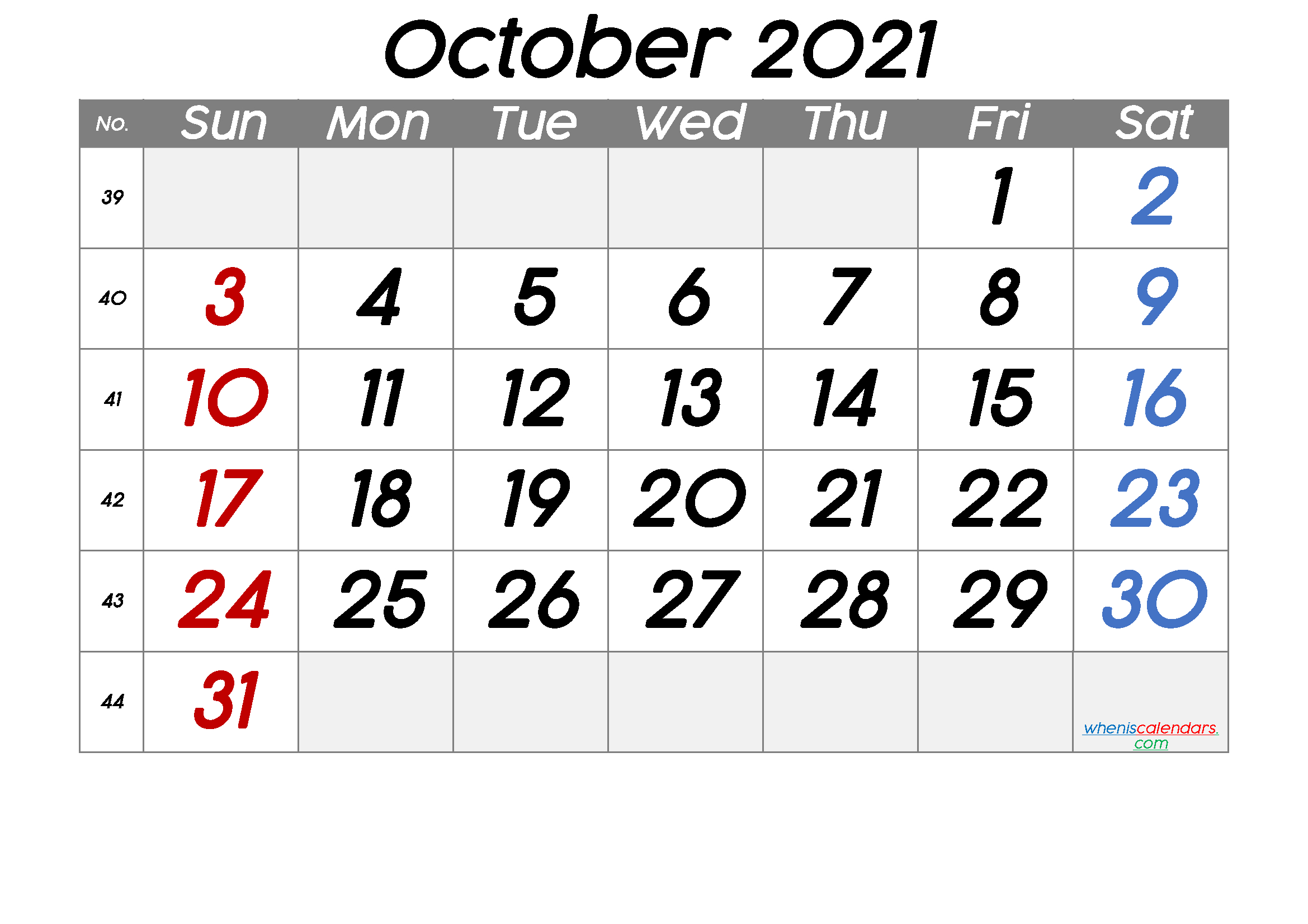 October 2021 Printable Calendar With Week Numbers [Free