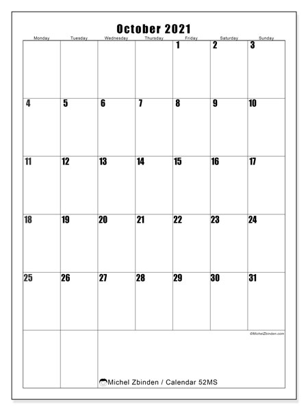 Printable October 2021 &quot;52Ms&quot; Calendar - Michel Zbinden En