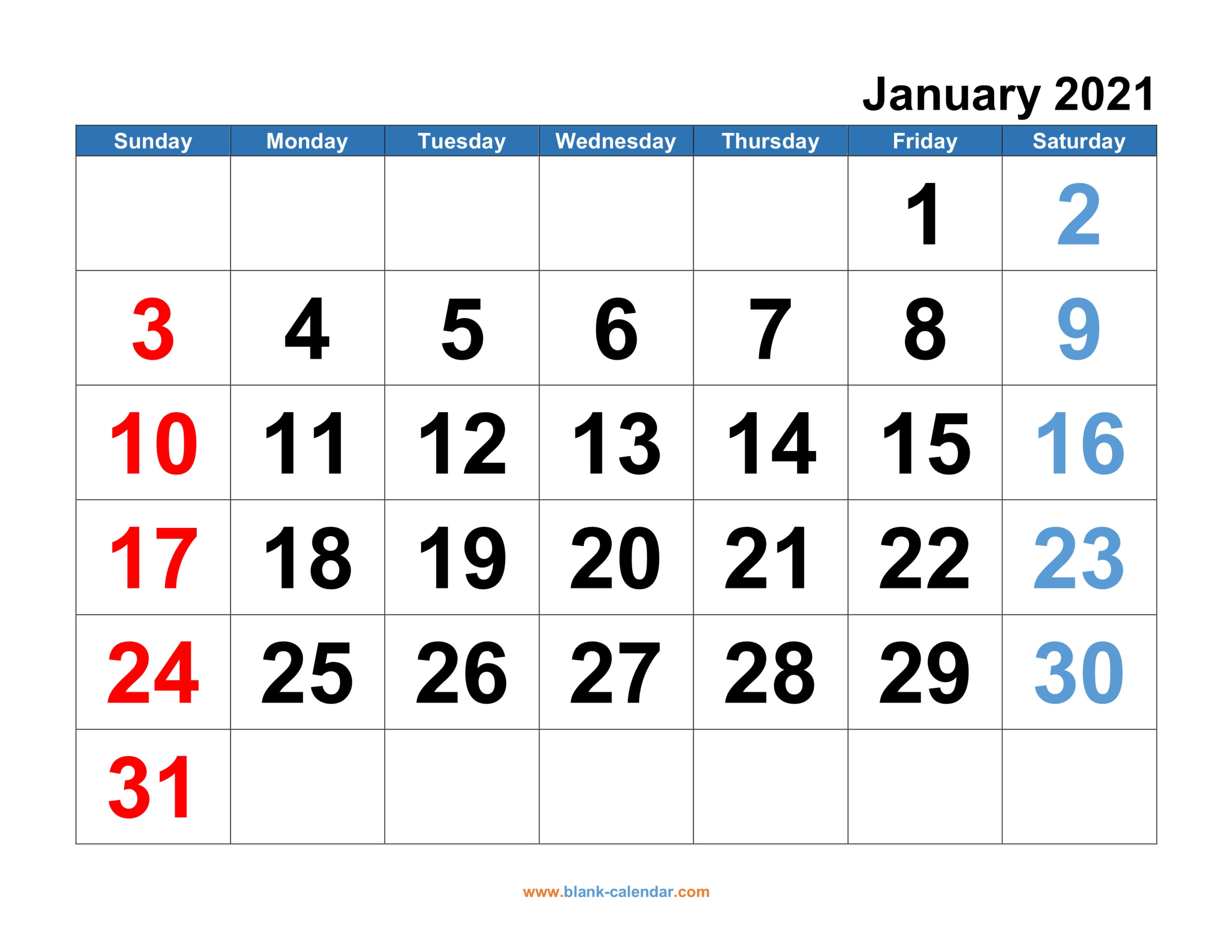 20+ January 2021 Calendar Big Numbers - Free Download