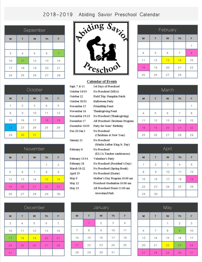 2018-2019 Preschool Calendar