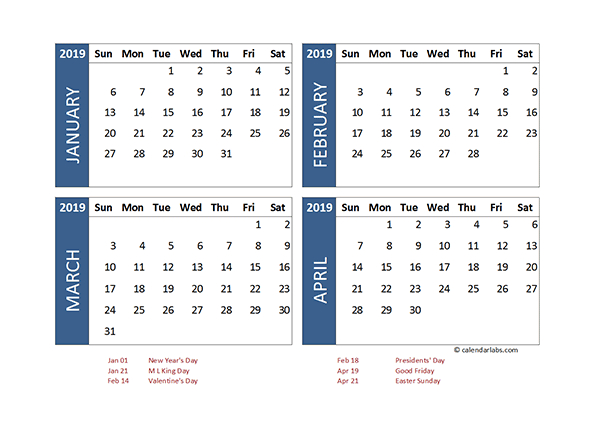 2019 Excel 4 Month Calendar Template - Free Printable