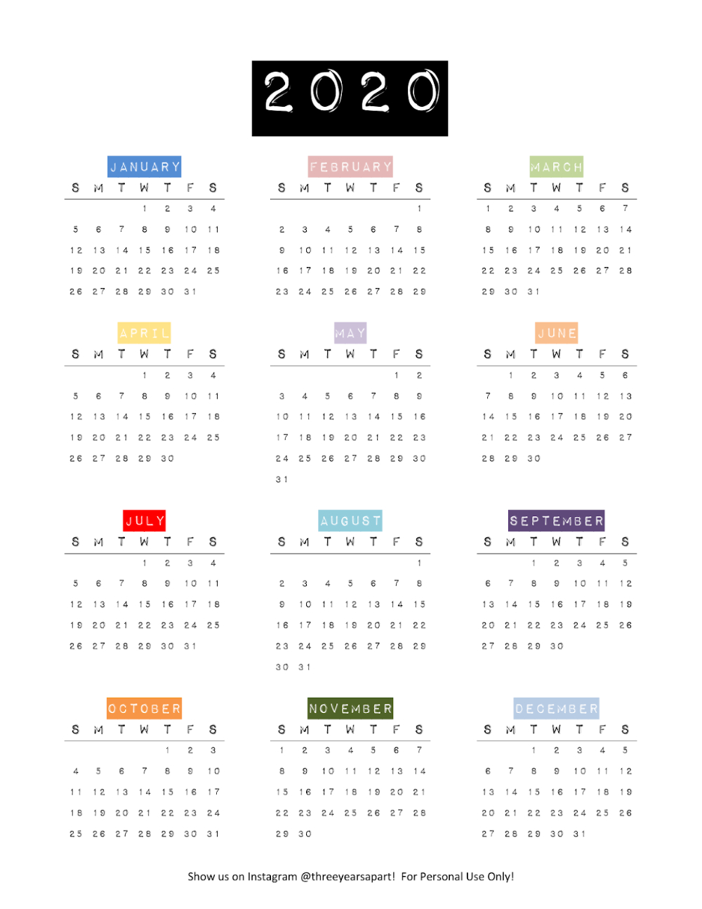 2020 Yearly Calendar Free Printable In 2020 | Bullet