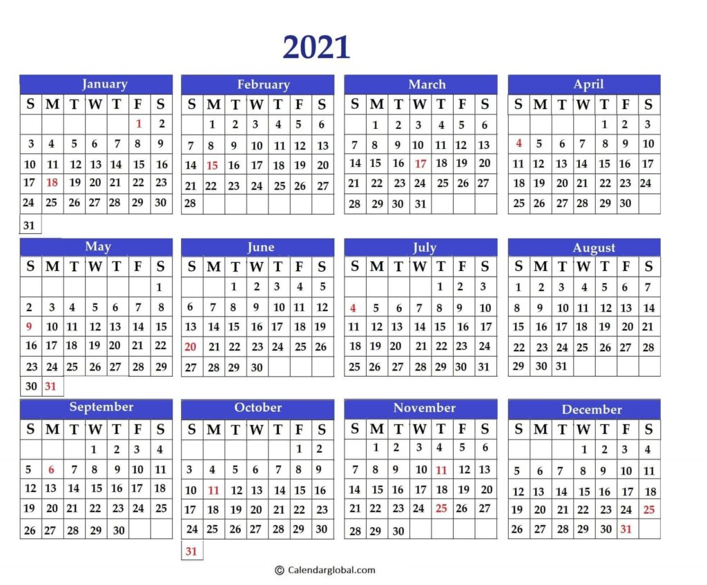 2021 Calendar: Free Printable Yearly One Page - Calendarglobal