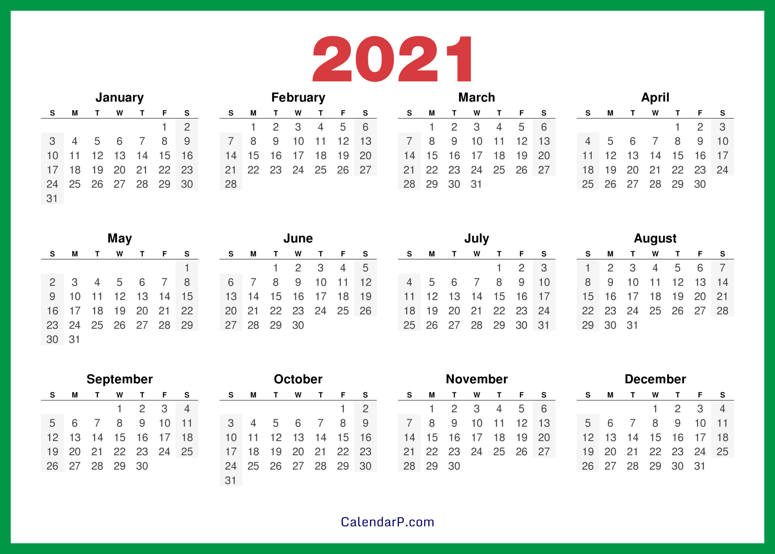 2021 Calendar Printable Free Hd - Green - Calendarp