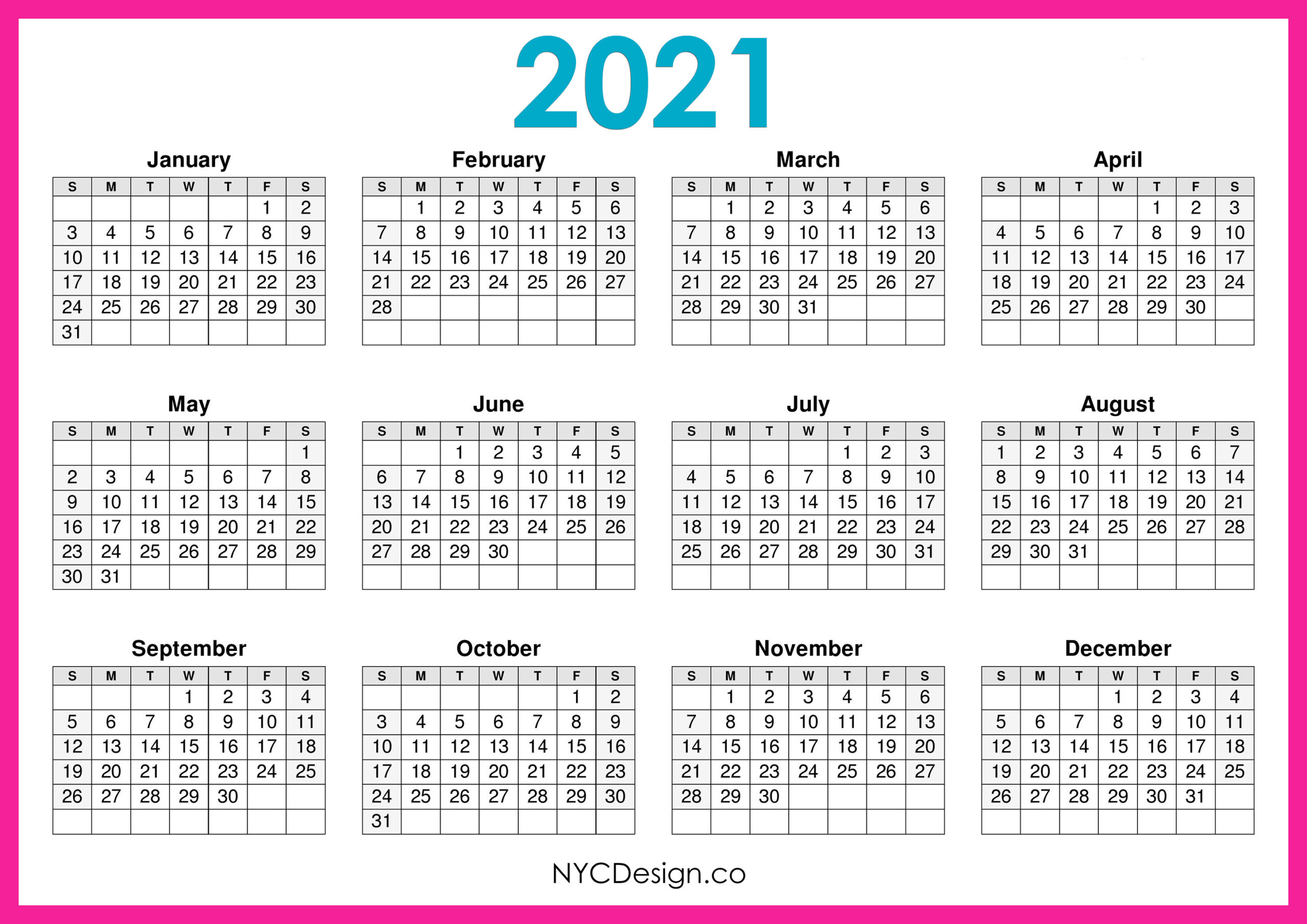 2021 Calendar Printable Free Horizontal Pink Hd