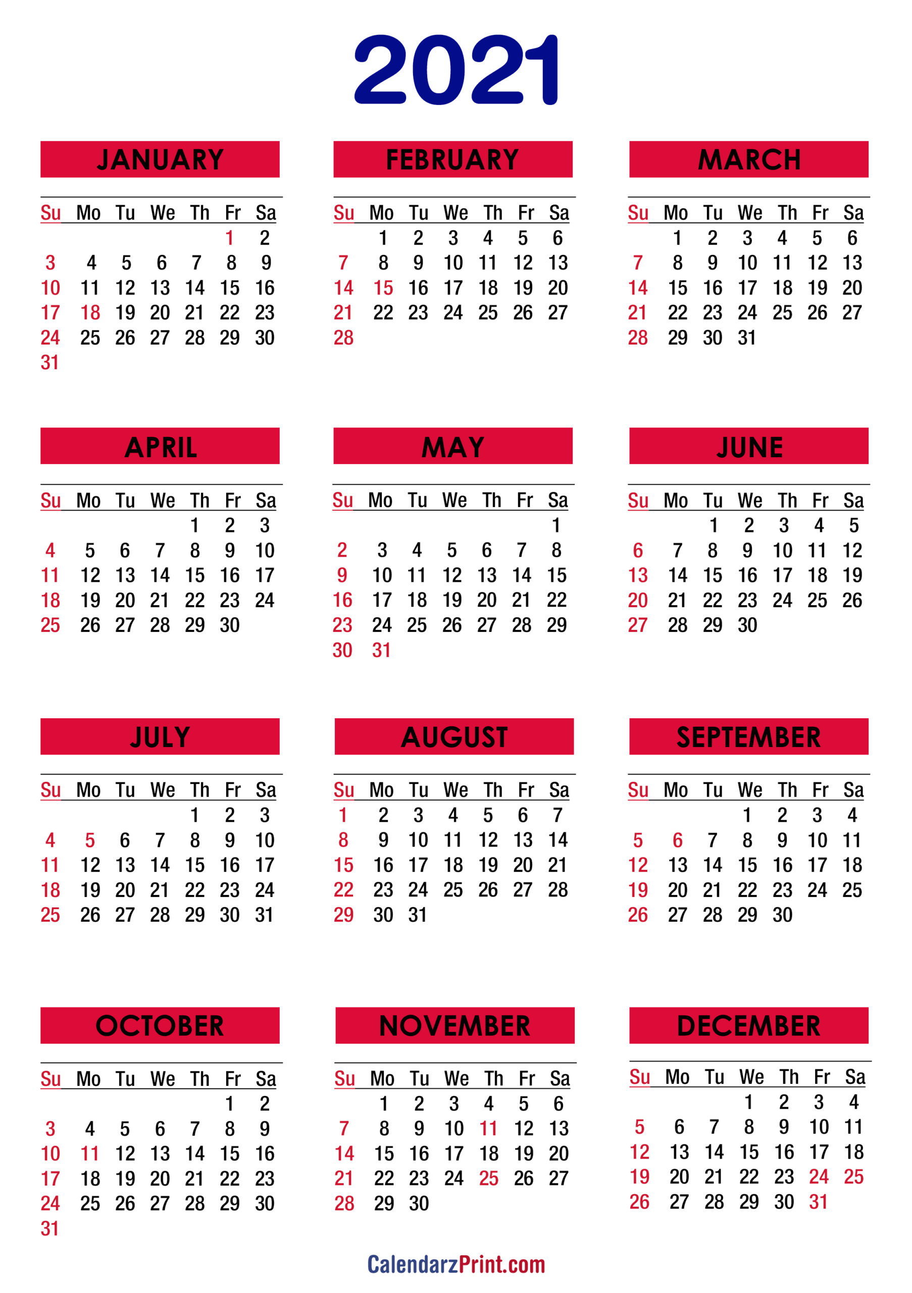 2021 Yearly Calendar Printable Free Pdf