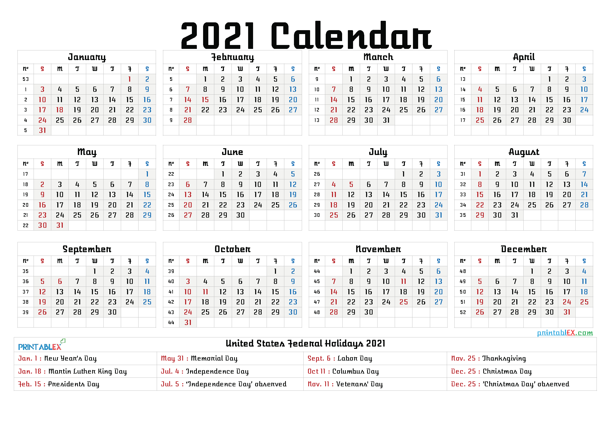 2021 Calendar With Holidays Pdf