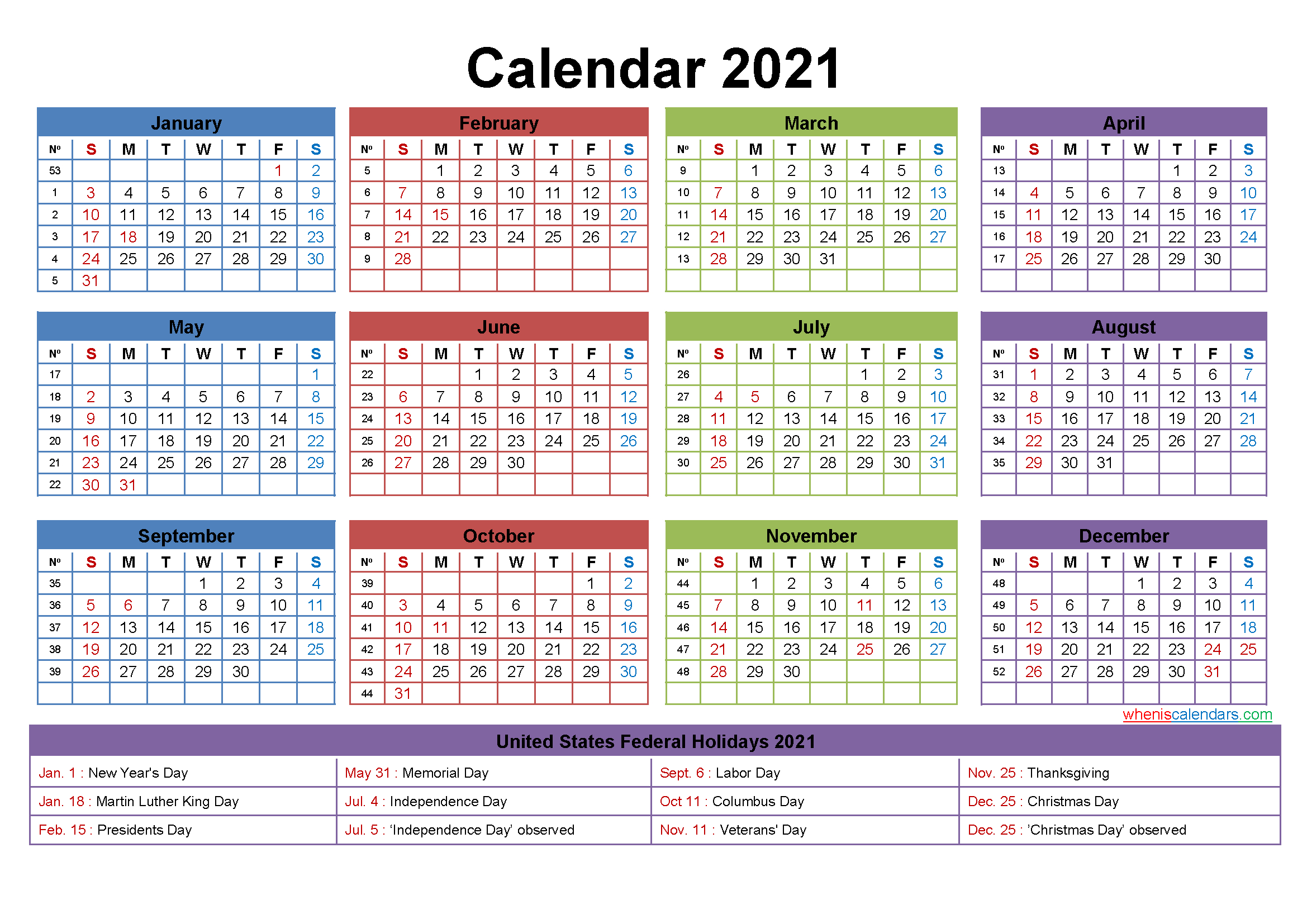 2021 Calendar With Holidays Printable Word Pdf