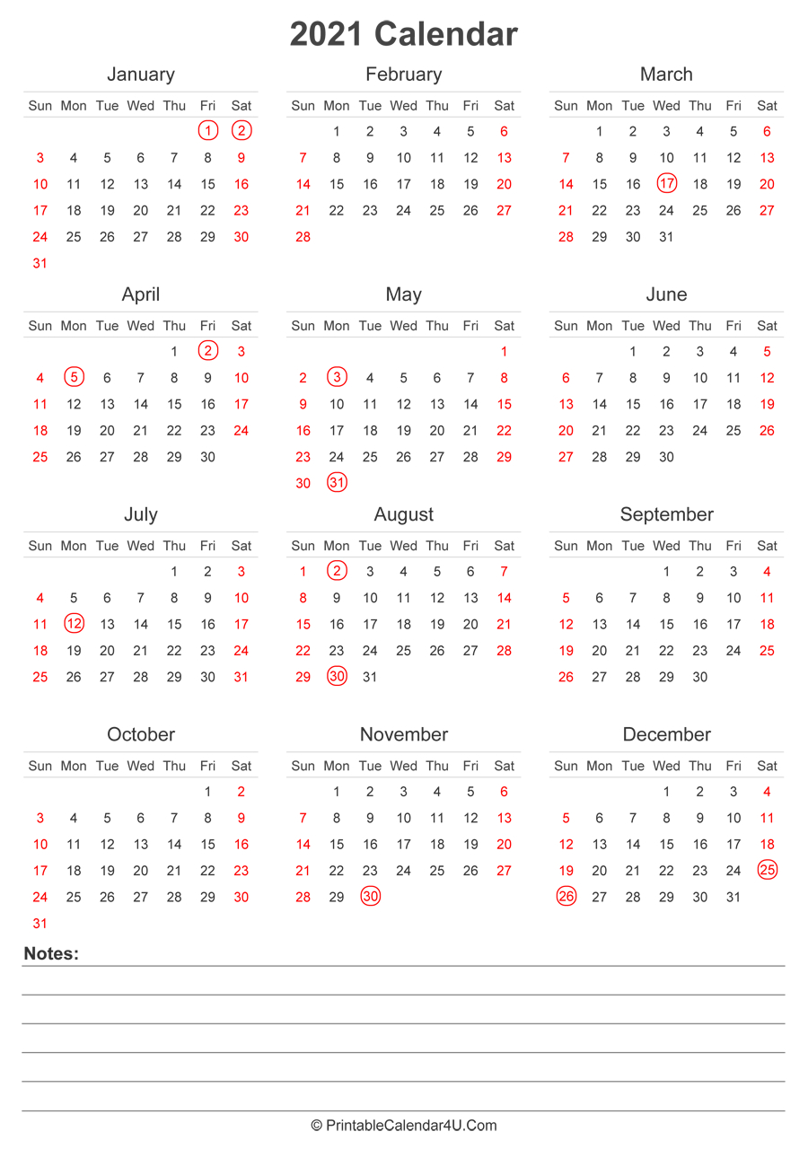 2021 Calendar With Uk Bank Holidays And Notes (Portrait Layout)