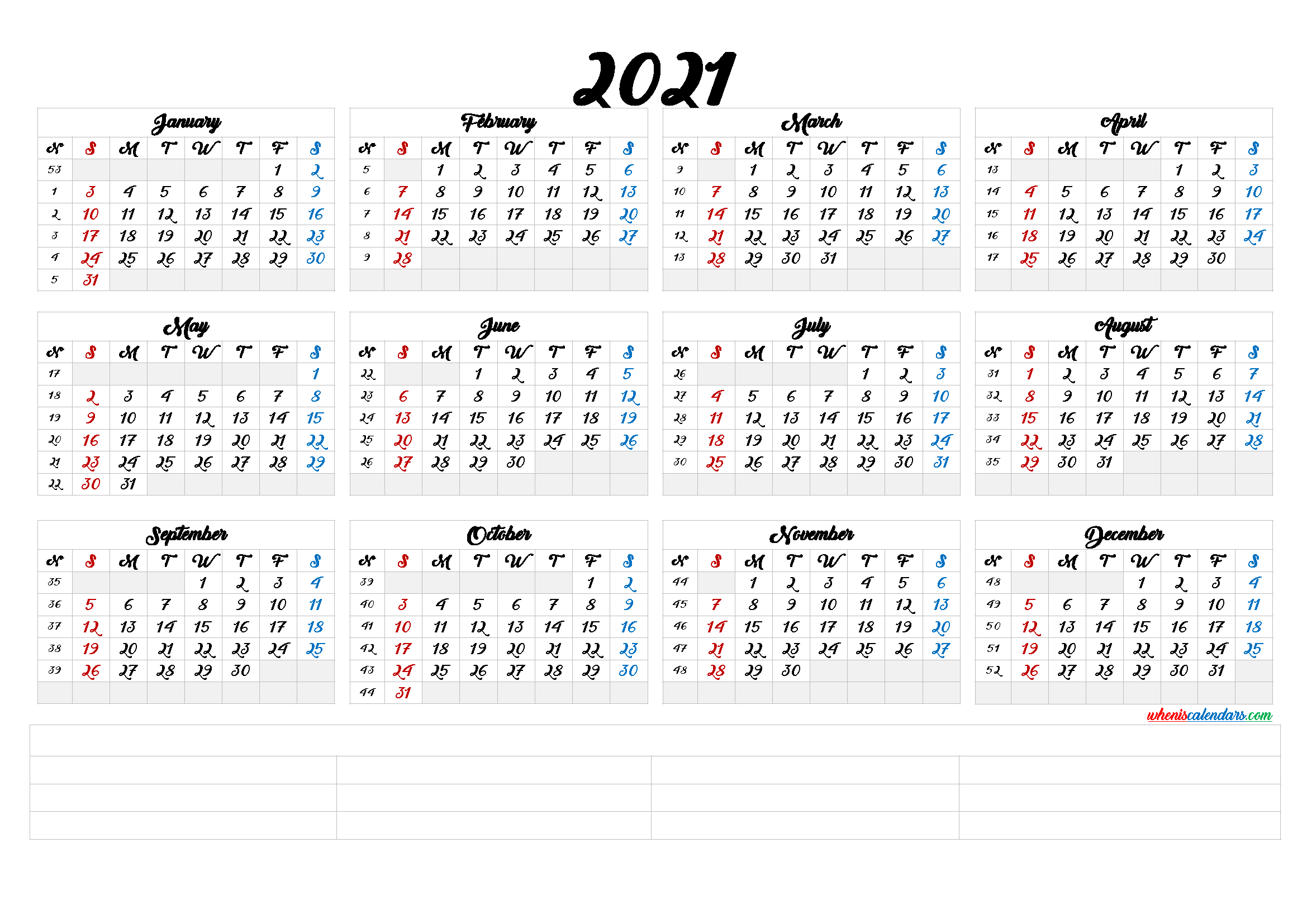 2021 Calendar With Week Number Printable Free : 2021