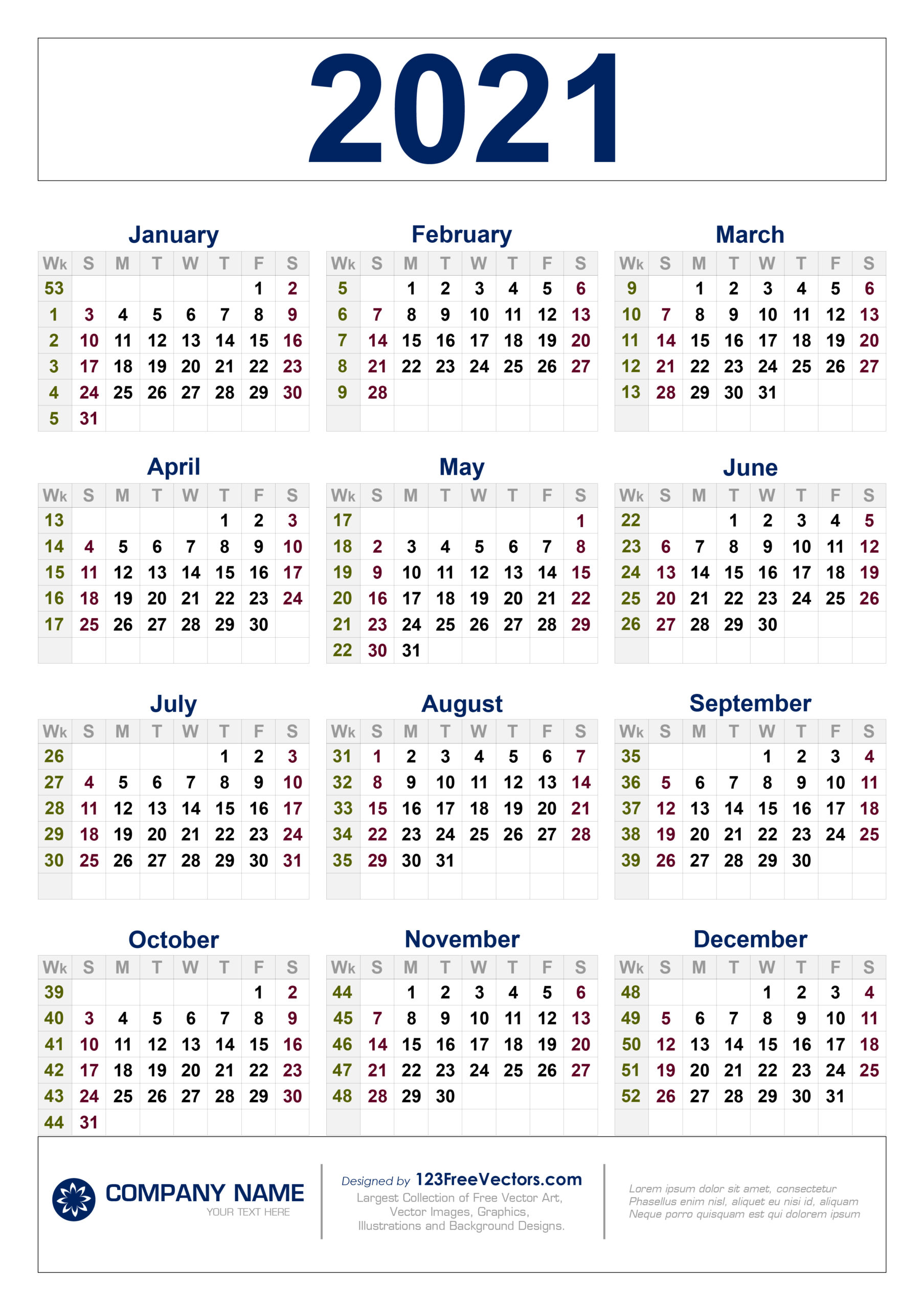 2021 Calendar With Week Number Printable Free  Week