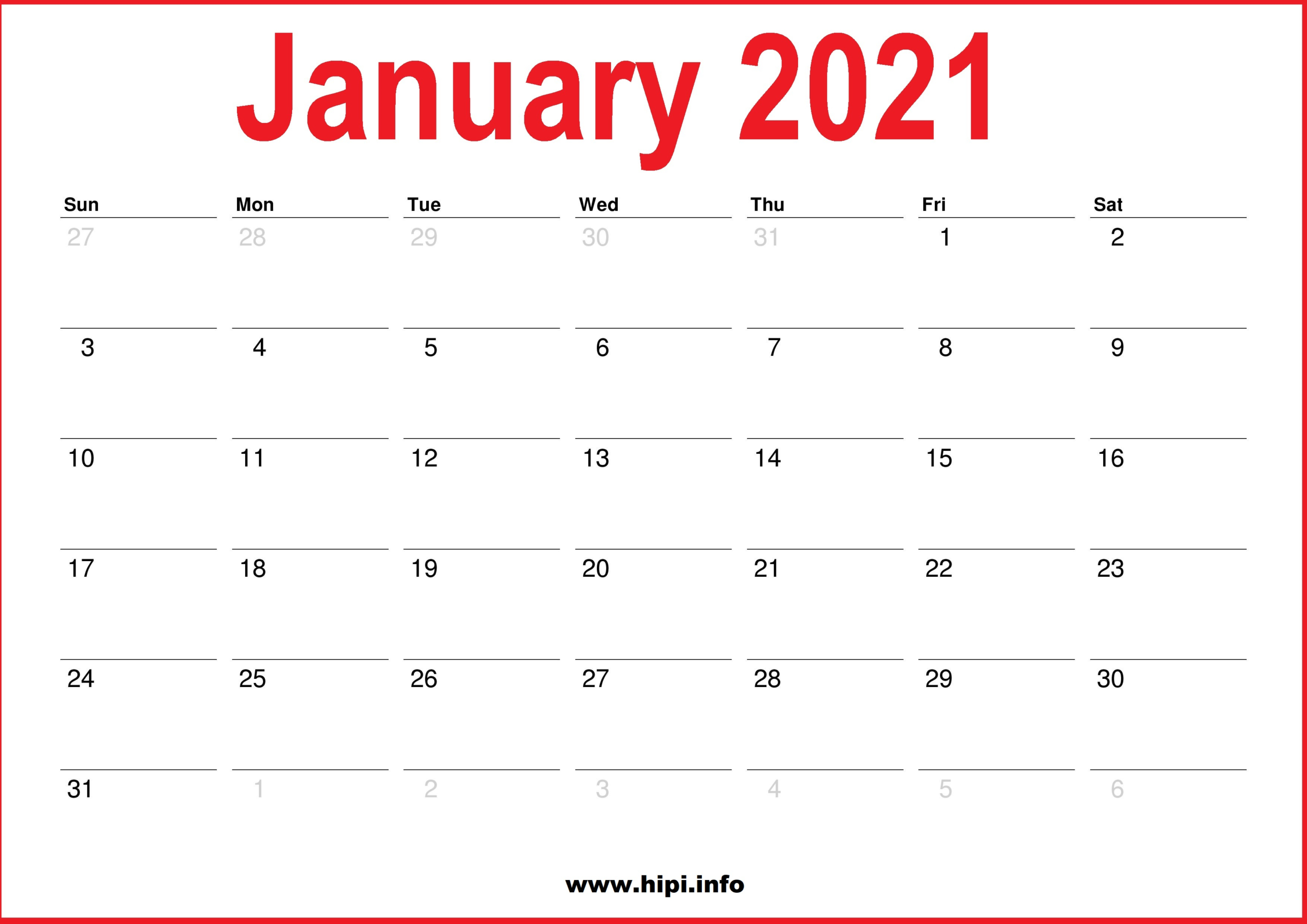 2021 January Calendar Printable - Monthly Calendar - Hipi