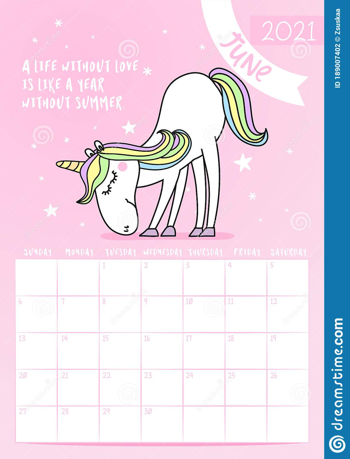 2021 June Calendar With Calligraphy Phrase And Unicorn