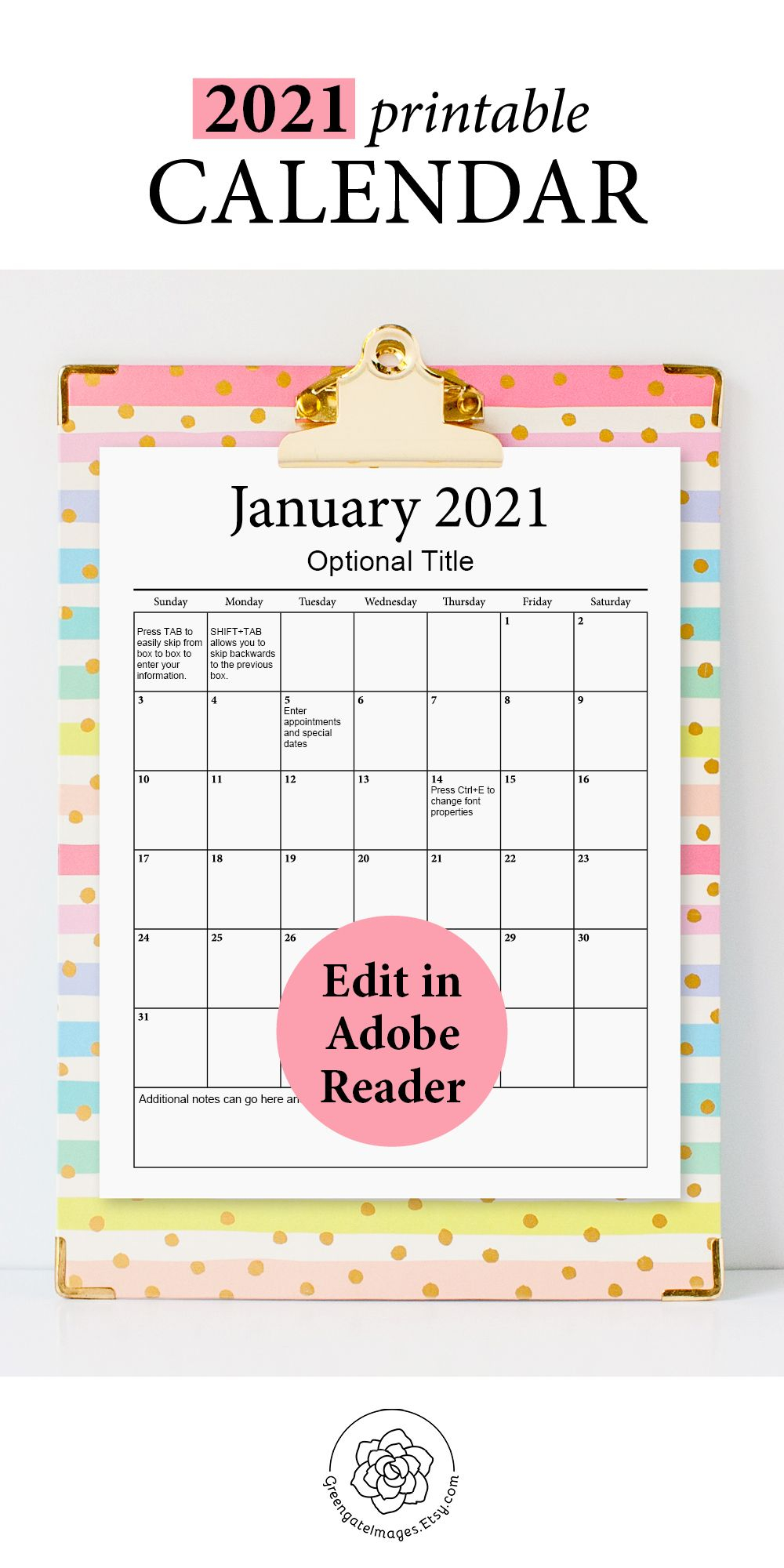 2021 Printable Calendar - Fillable Planner Editable Pdf