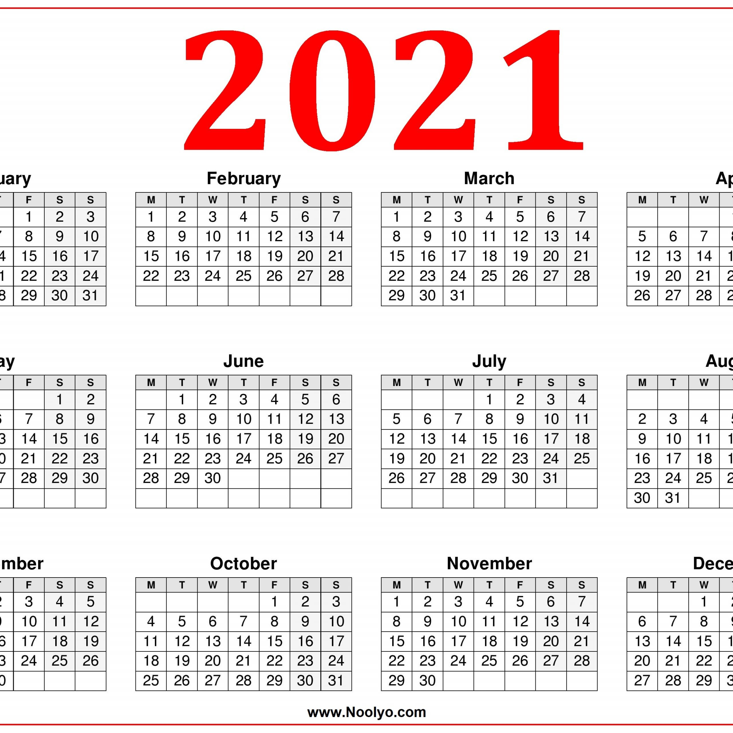 2021 Printable Calendar Starting Monday | Free Printable