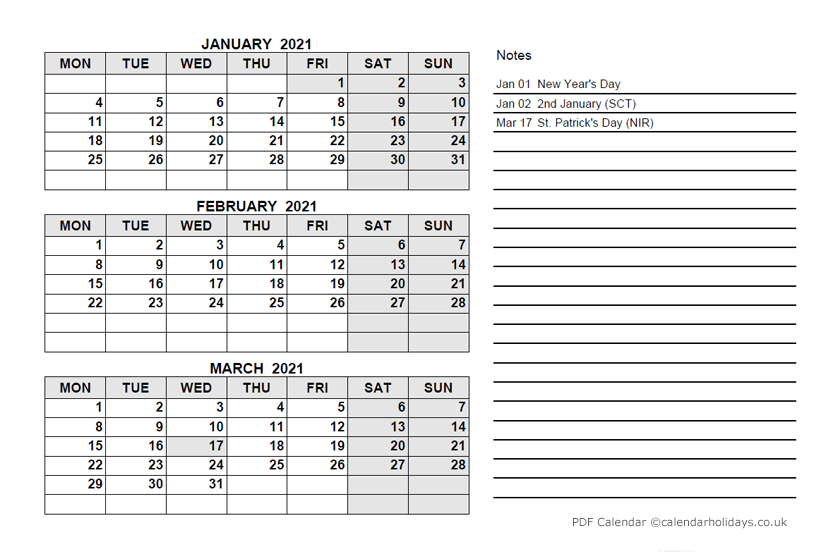 2021 Quarterly Template - Calendarholidays.co.uk