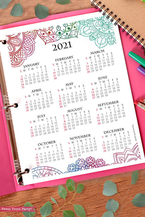 2021 Yearly Calendar Template Printable Watercolor