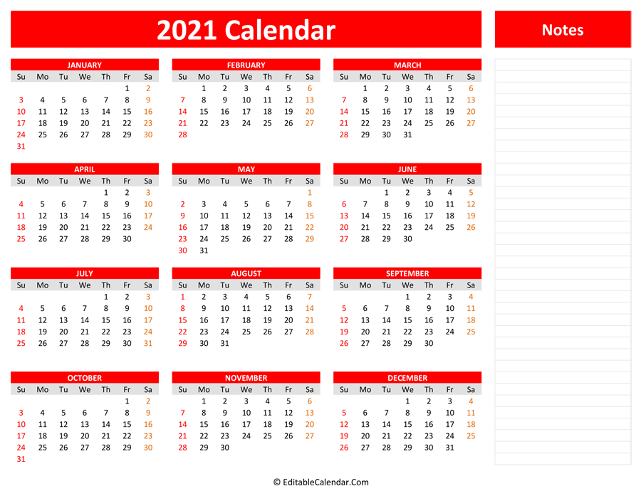 2021 Yearly Calendar With Notes