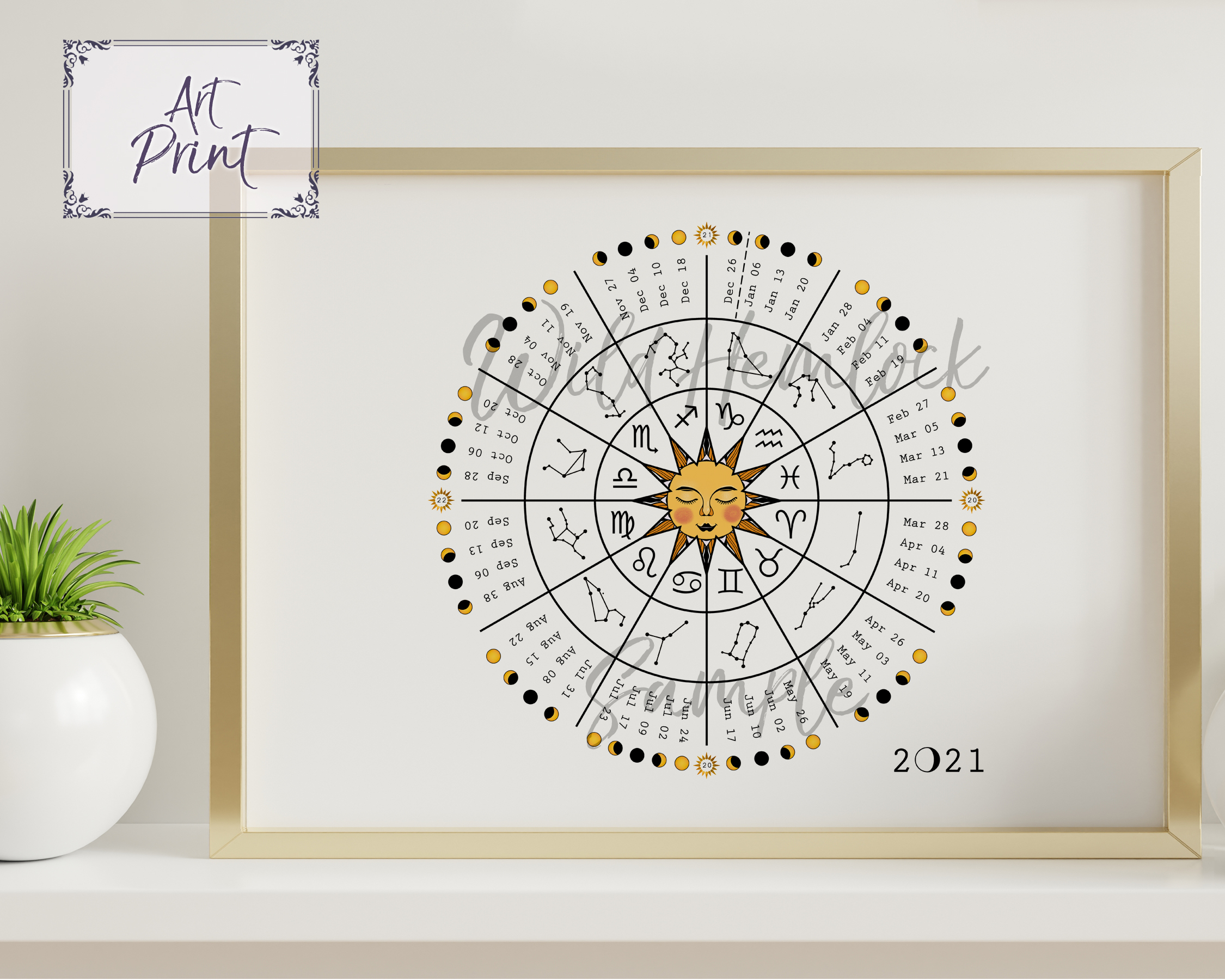 2021 Zodiac Wheel Astrology Moon Phase Calendar - Wild Hemlock