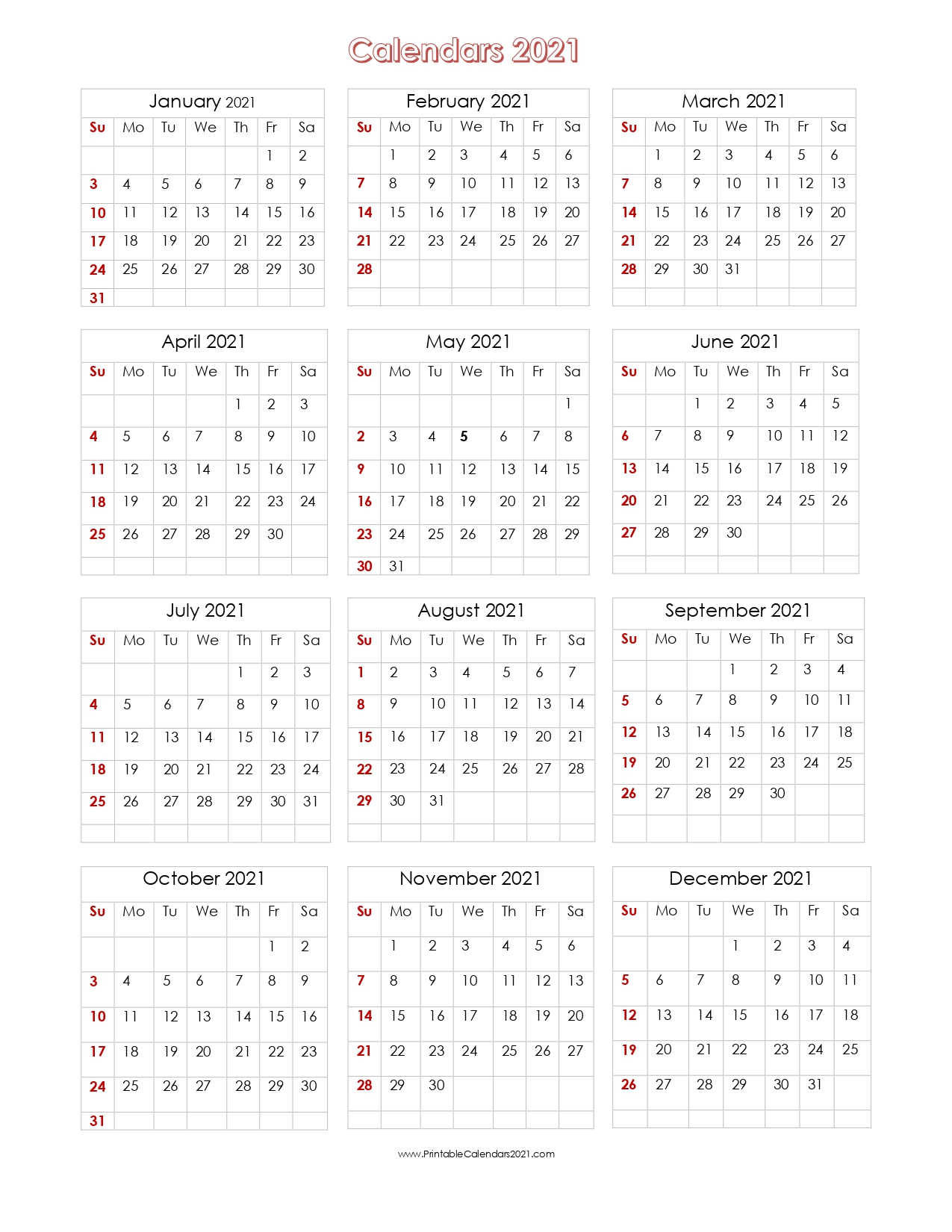 56+ Printable Calendar 2021 One Page Printable 2021