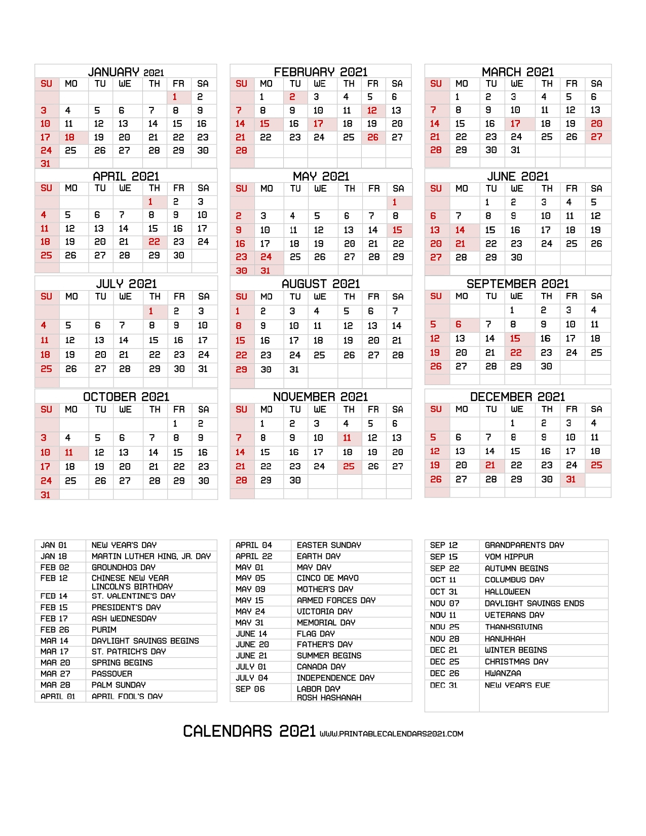 68+ Printable 2021 Yearly Calendar With Holidays Portrait