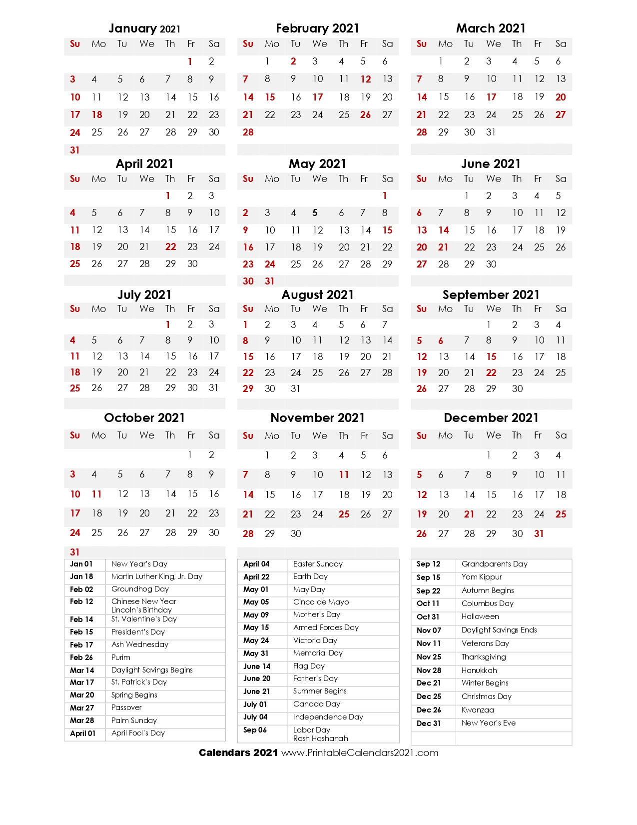 68+ Printable 2021 Yearly Calendar With Holidays Portrait