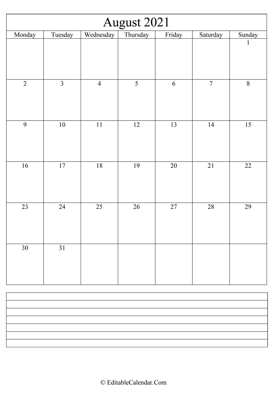 August 2021 Calendar Templates