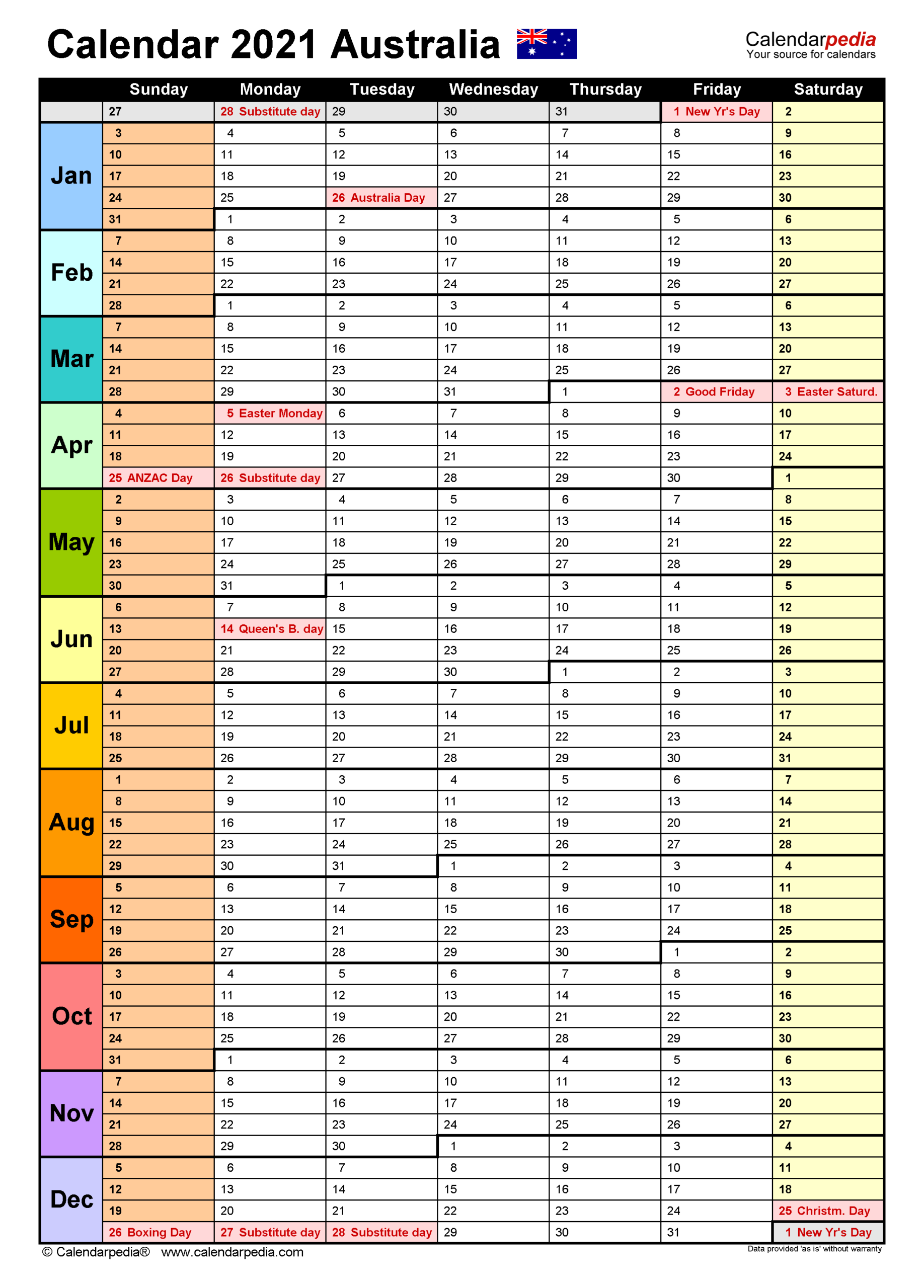 Australia Calendar 2021 - Free Printable Pdf Templates