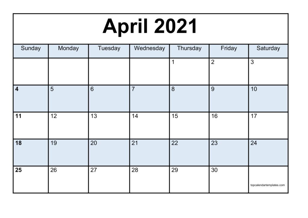 Blank April 2021 Calendar Template - Monthly Planner