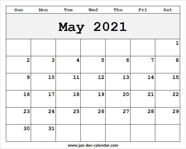 Blank Printable May Calendar 2021 Template Free