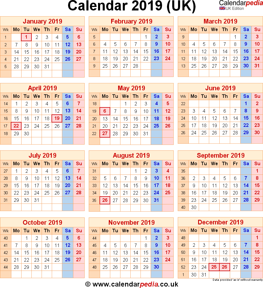 Calendar 2019 Uk With Bank Holidays &amp; Excelpdfword Templates