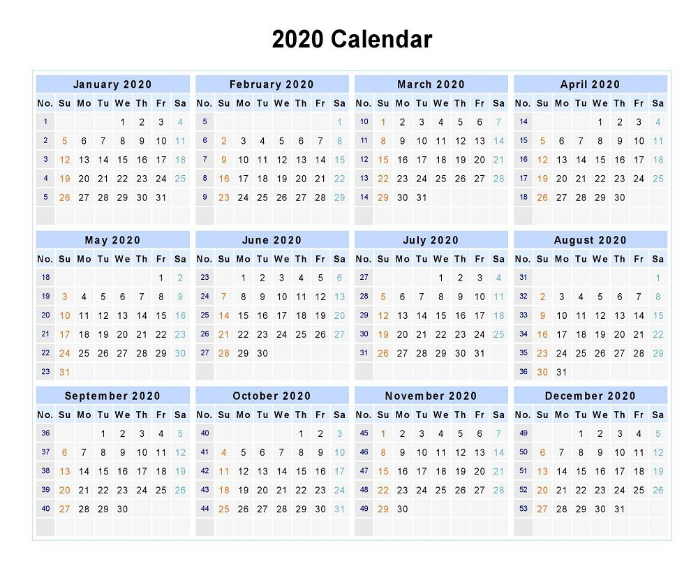 Calendar 2020 Showing Week Numbers | Free Printable Calendar
