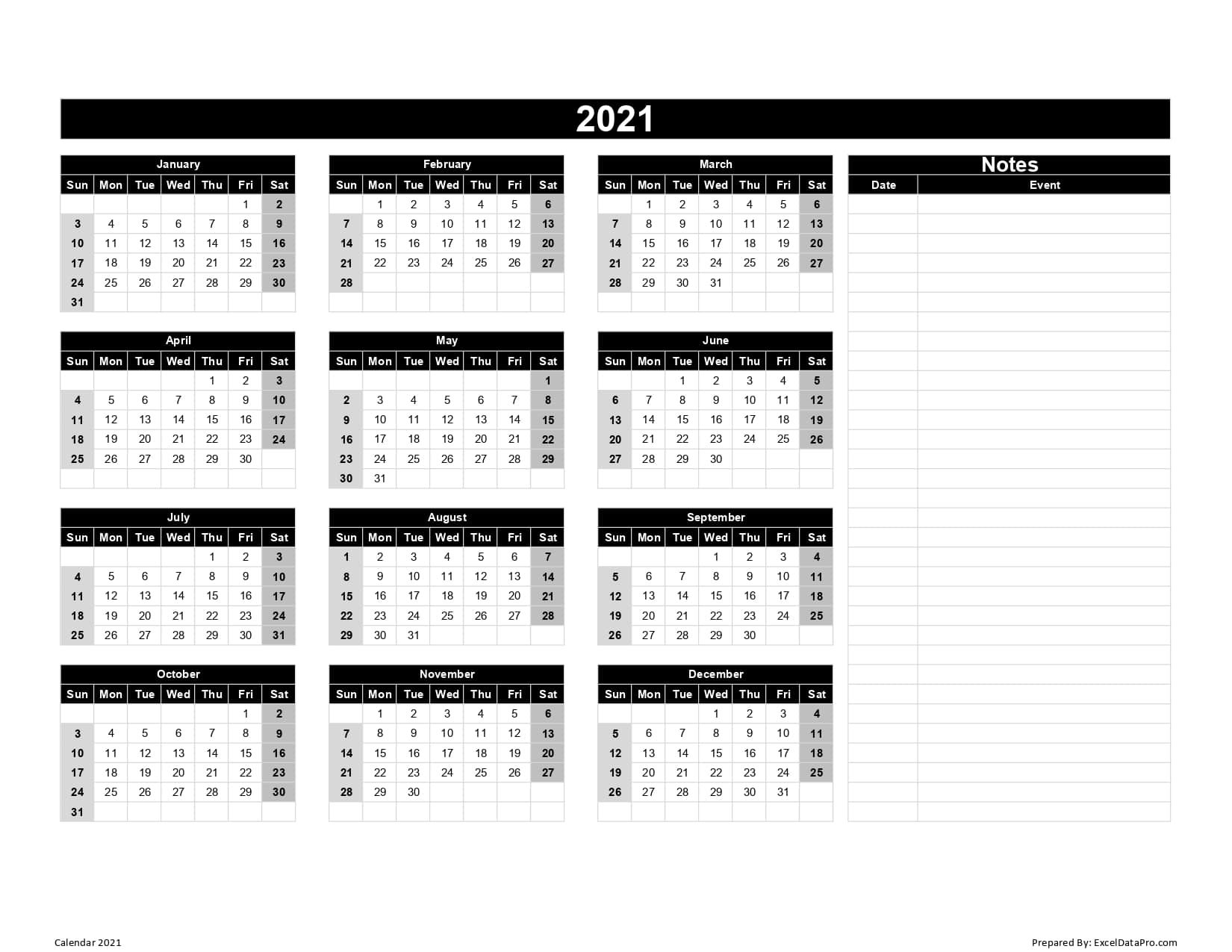 Calendar 2021 Excel Templates Printable Pdfs &amp; Images