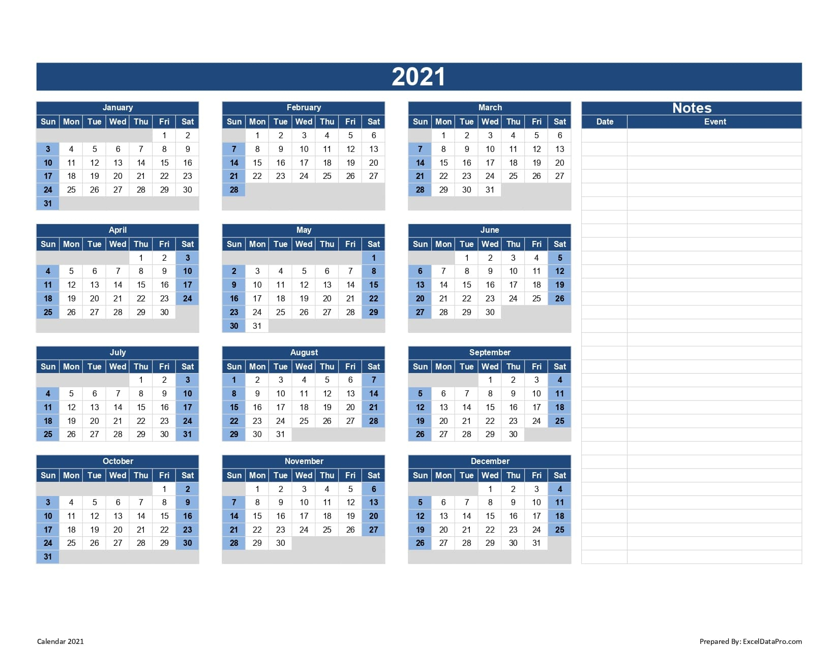 Calendar 2021 Excel Templates Printable Pdfs &amp; Images