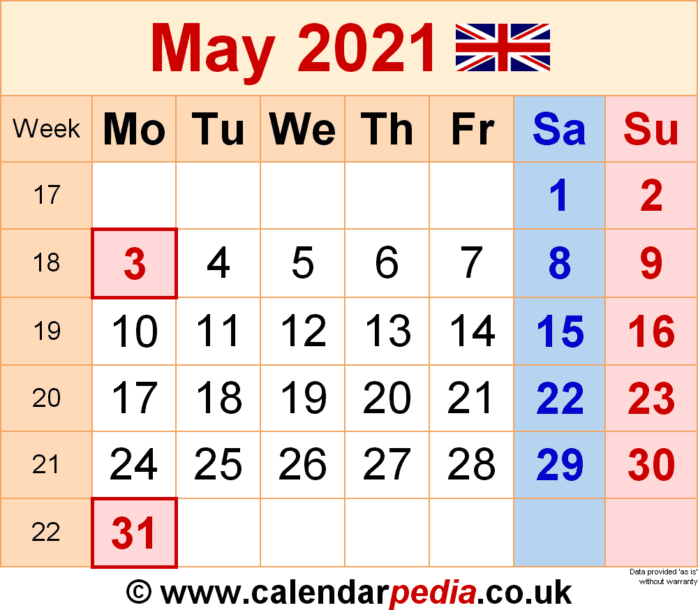 Calendar May 2021 Uk With Excel Word And Pdf Templates