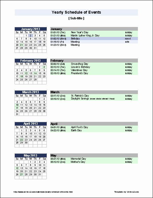 Calendar Of Events Template Fresh Free Yearly Schedule Of