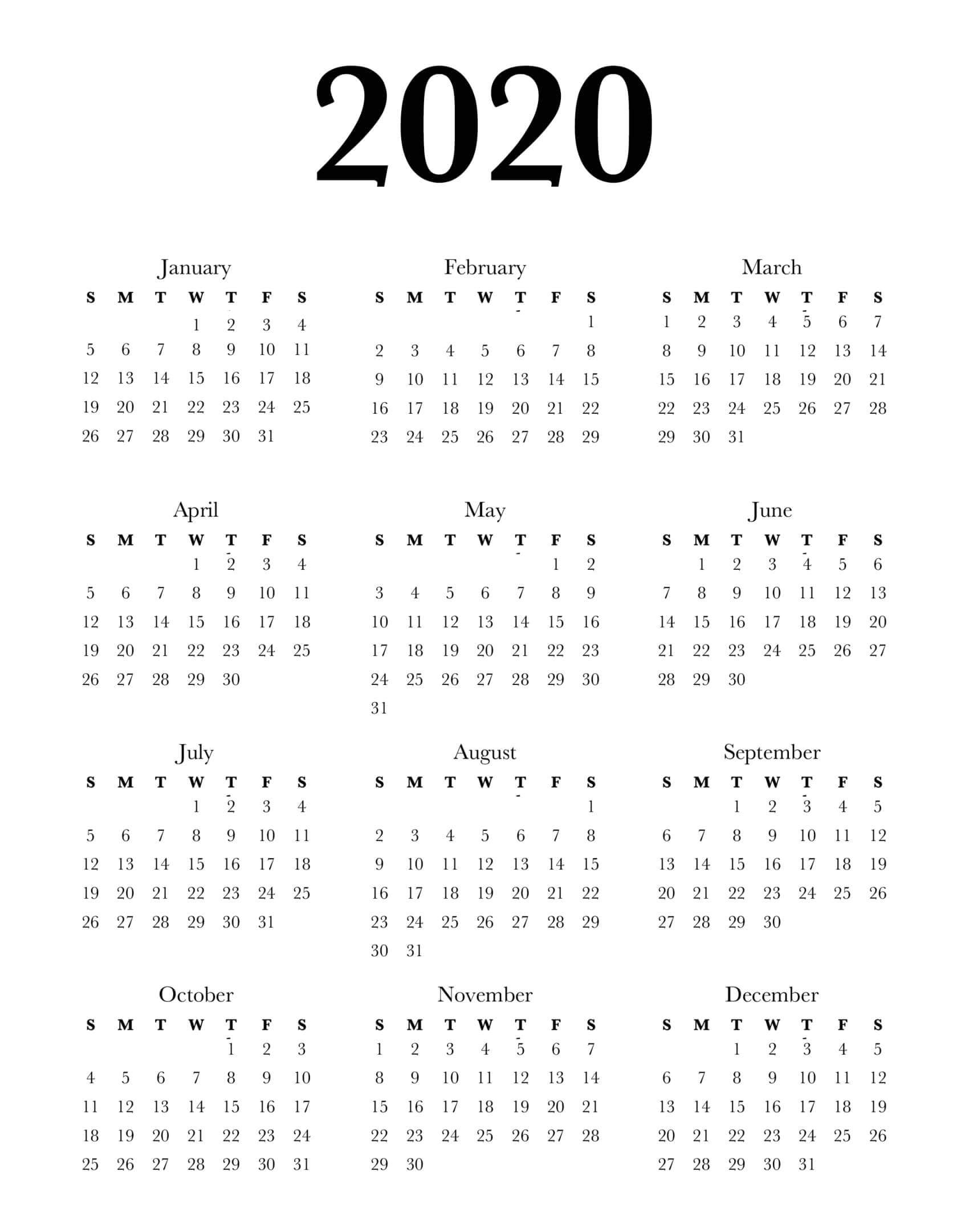Calendar Year 2020 Holidays Template - 2019 Calendars For