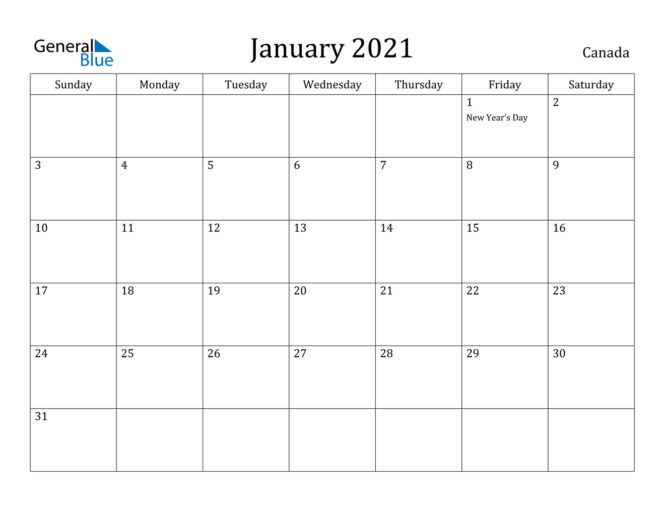 Canada January 2021 Calendar With Holidays