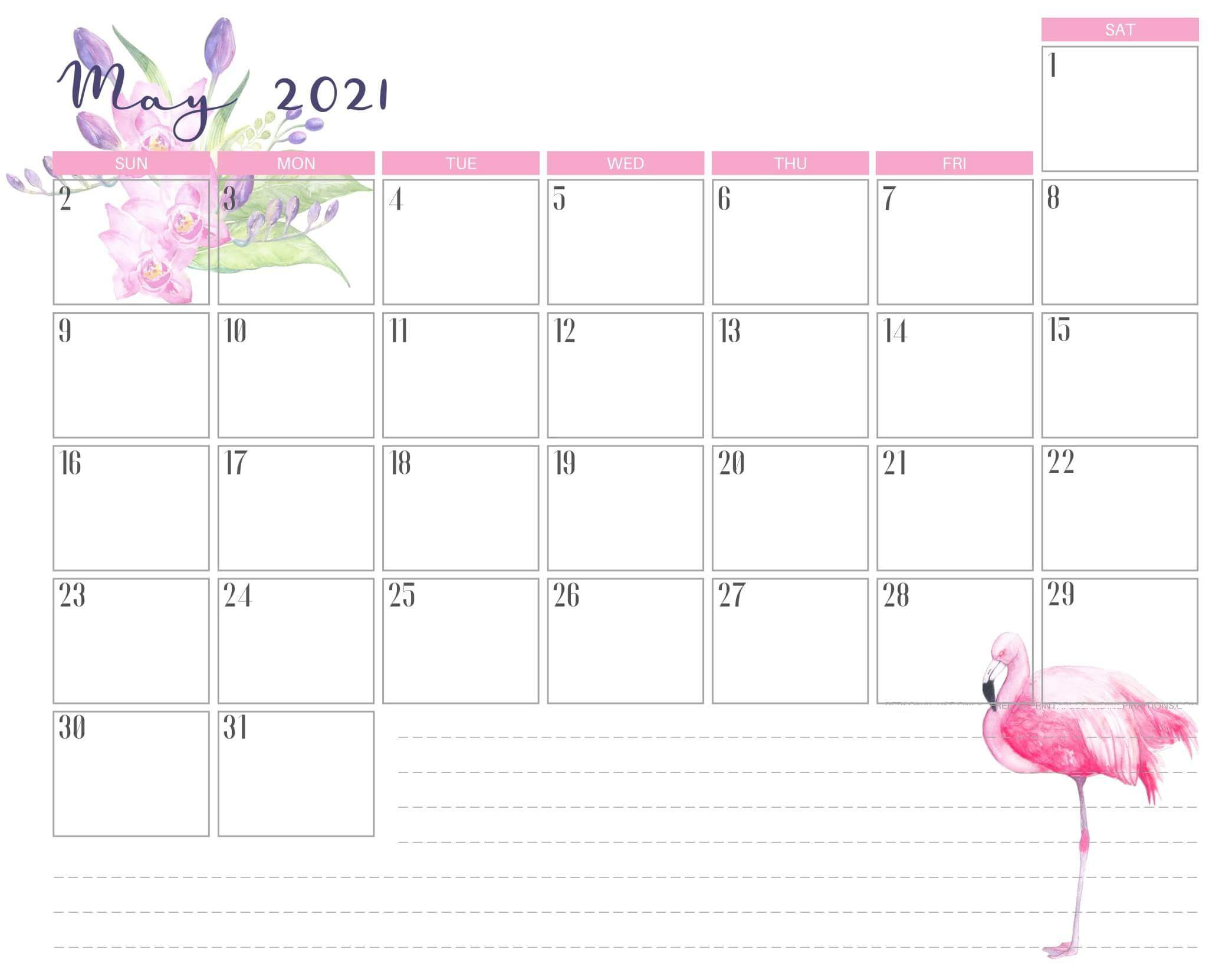 Cute May 2021 Calendar Design Template With Notes - One