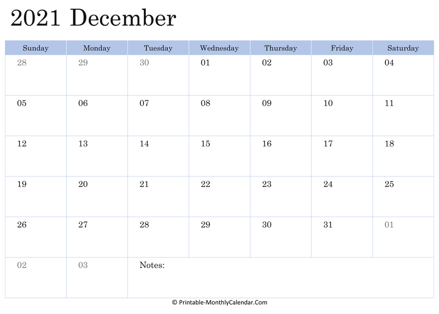 December 2021 Calendar Printable With Holidays