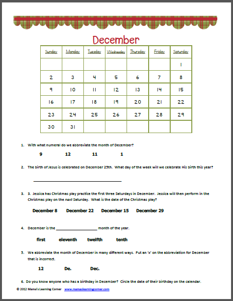 December Calendar Worksheet | Calendar Worksheets 1St