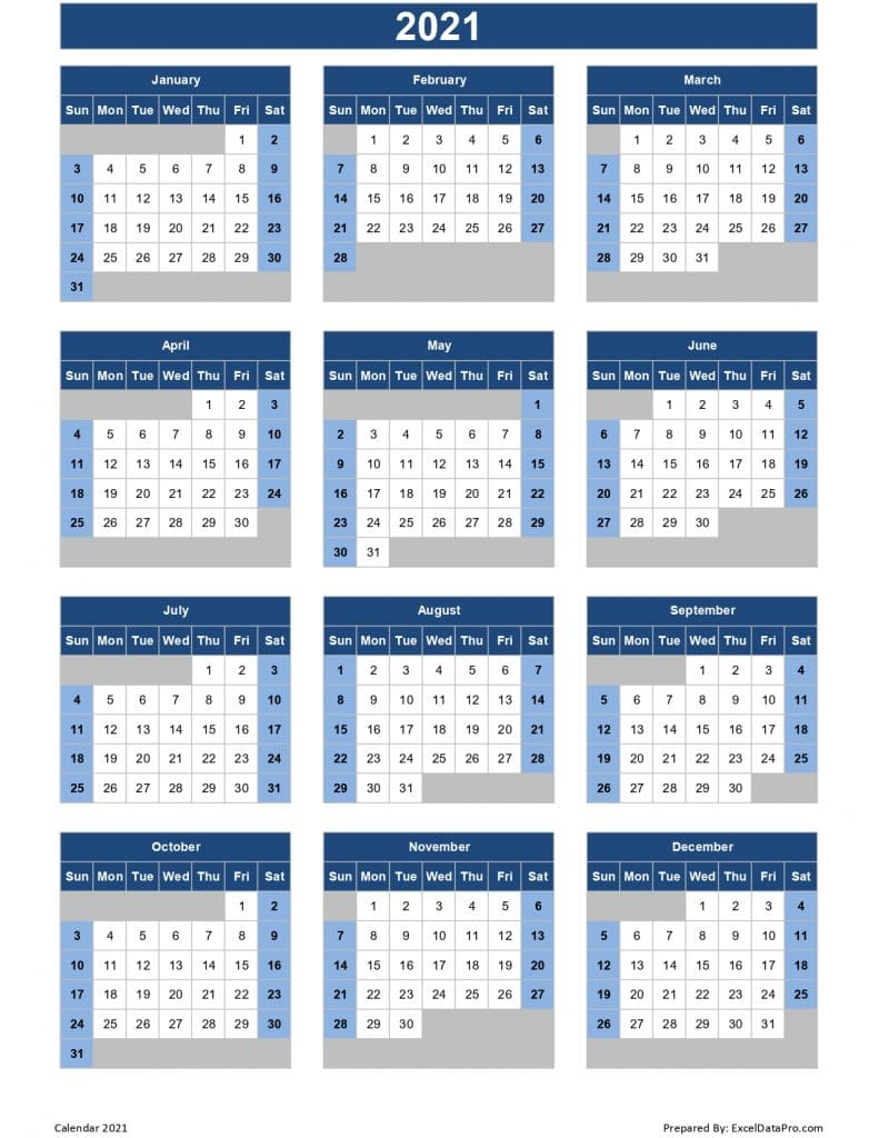 Download 2021 Yearly Calendar (Sun Start) Excel Template